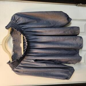 American Eagle Smocked Off-The-Shoulder Satin Top - Dusty Blue- Size Small
